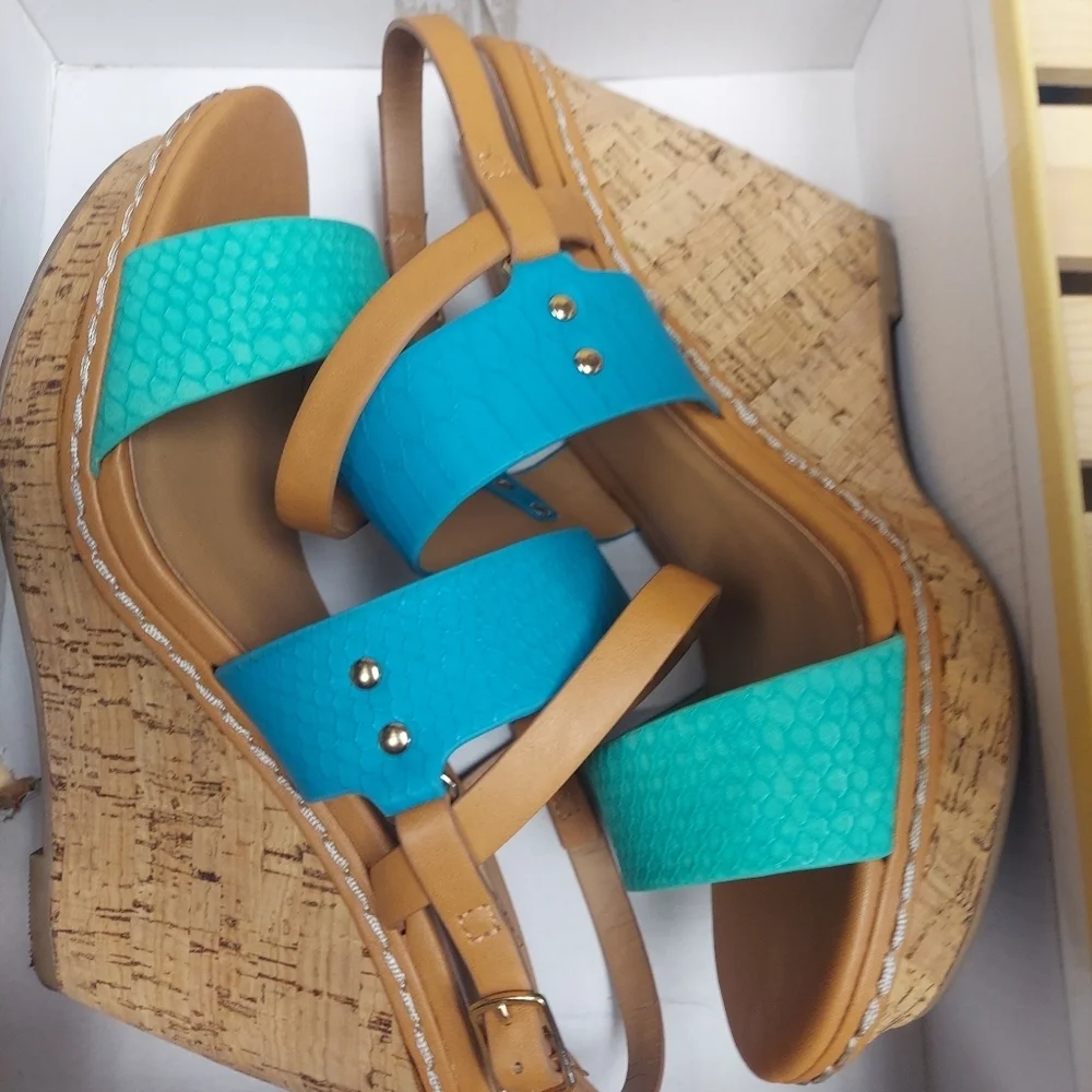 My Delicious Shoes Women's Loren-S Aqua Teal Wedge Sandals Size 10 Used Once